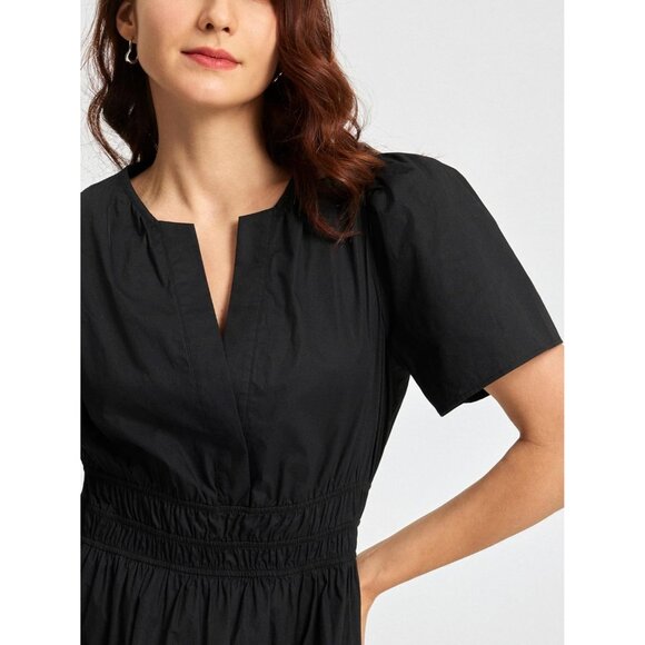 Women's Black Cotton Maxi Dress with V Neck Short Sleeves Flowy Summer - Picture 6 of 6